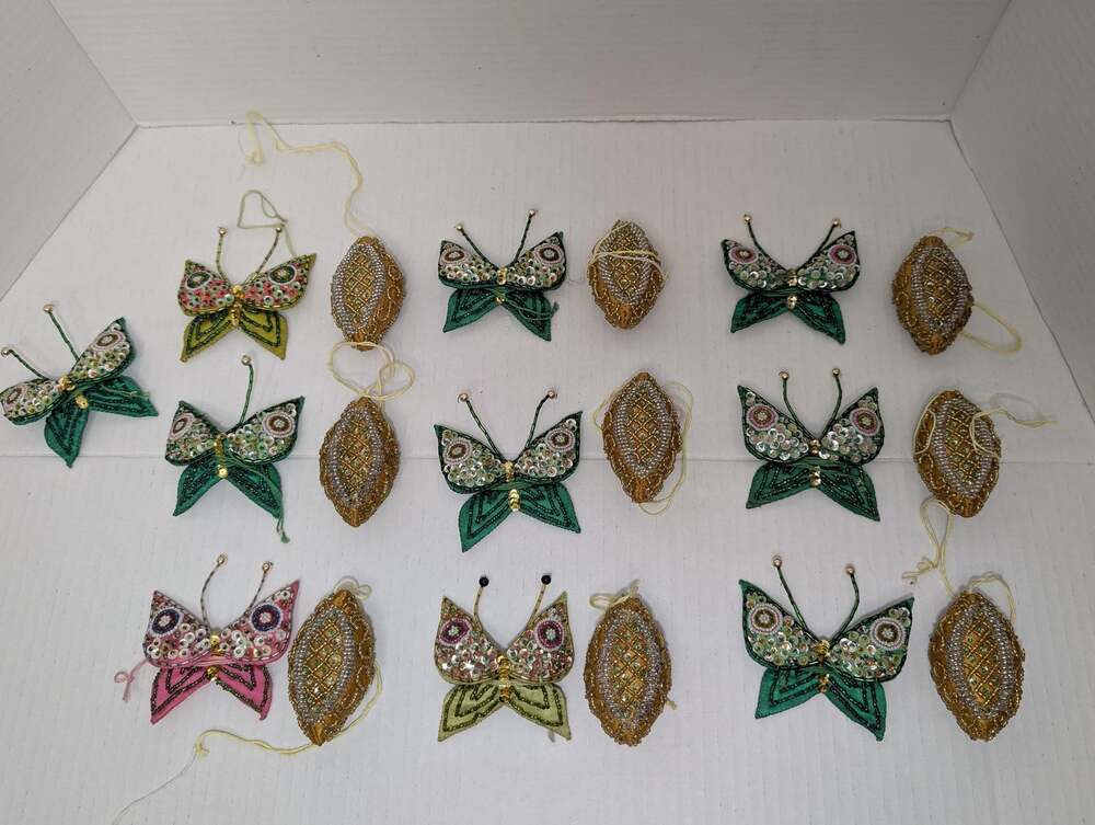 Hand-Crafted Silk Ornaments: 10 Butterflies, 9 Chrysalises, Zardozi Embroidery